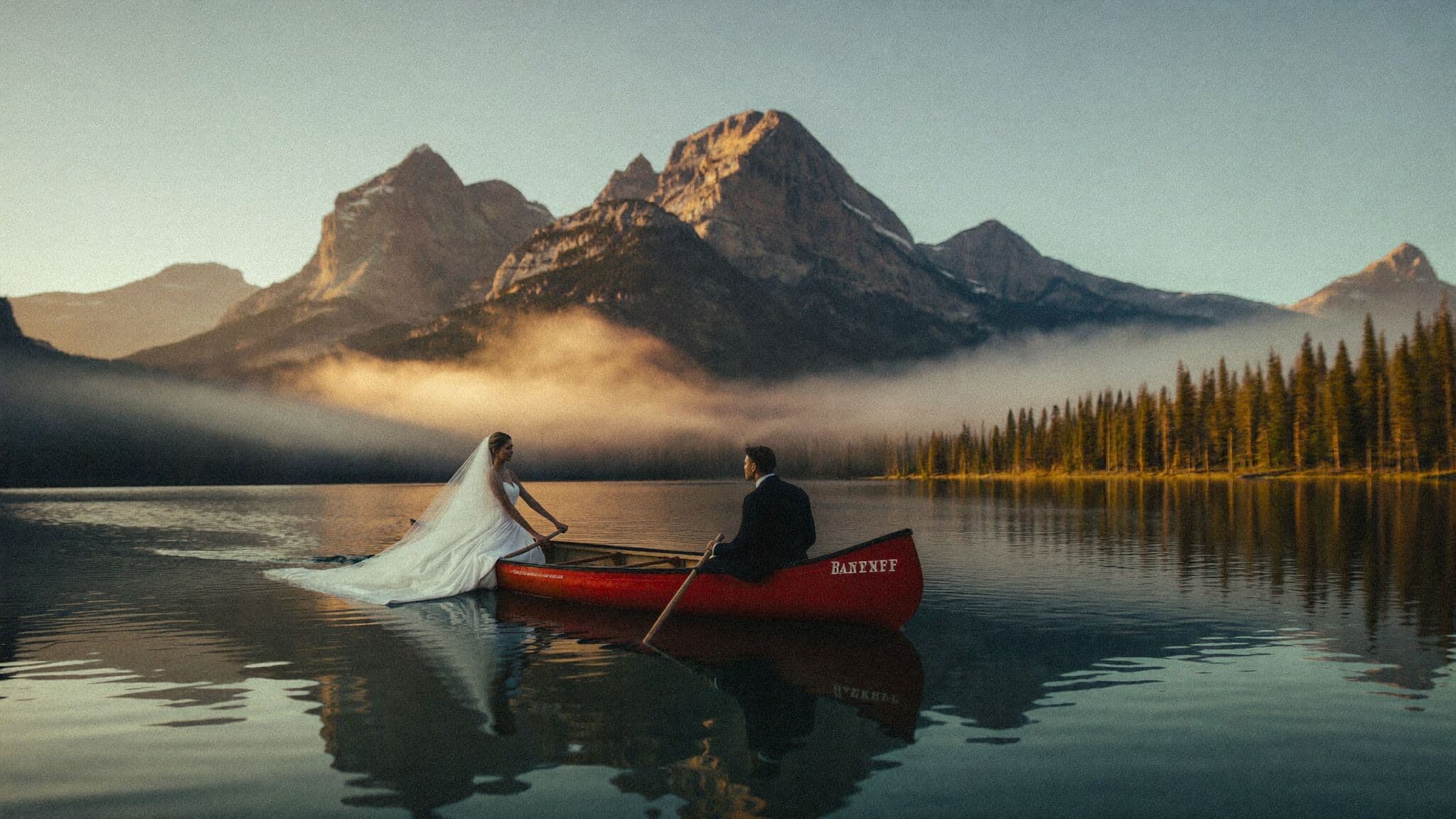 Couple standing above the turquoise water of Moraine Lake at sunrise during their Banff elopement