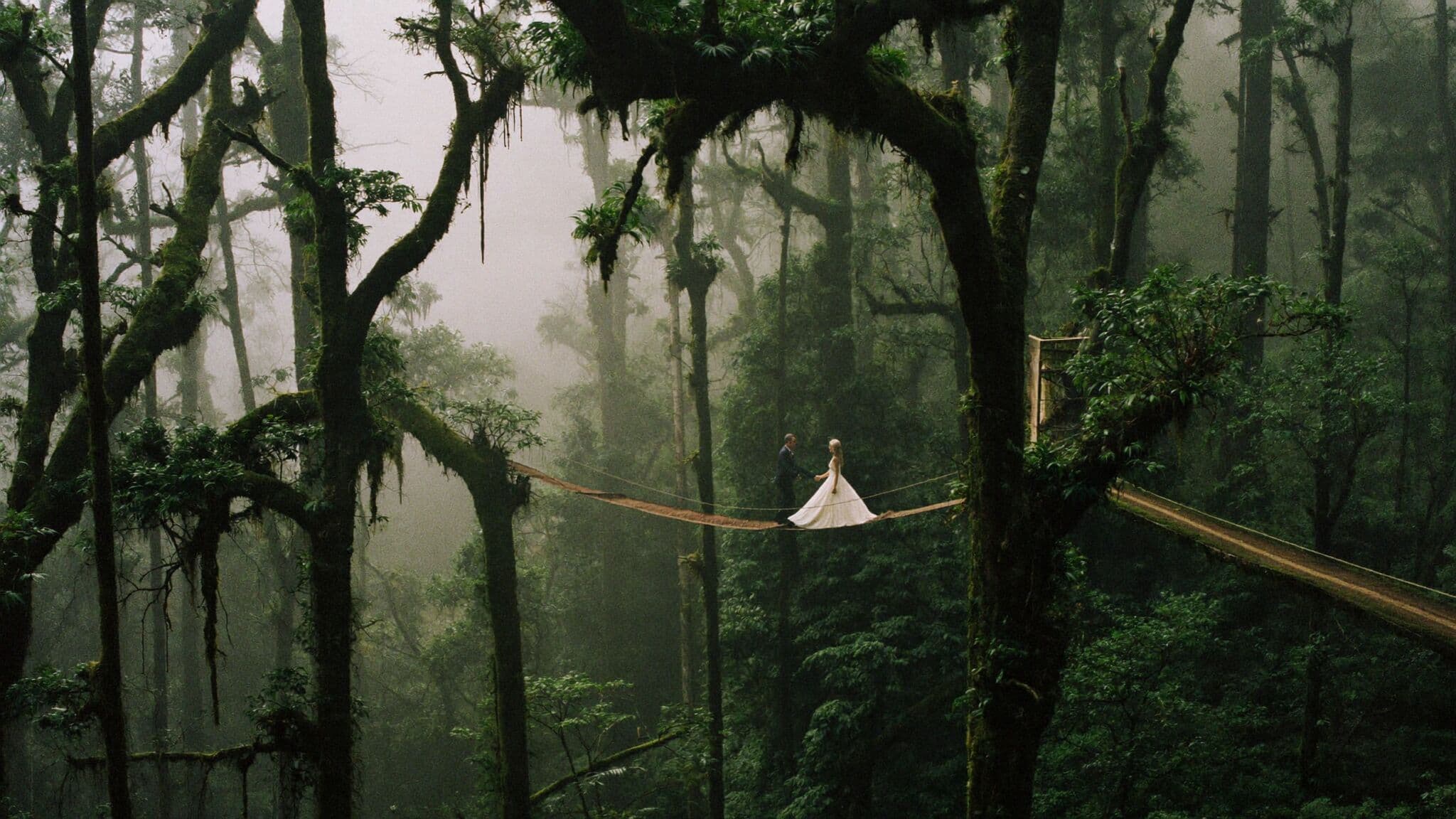 Couple crossing a hanging bridge in the Monteverde cloud forest, Costa Rica elopement