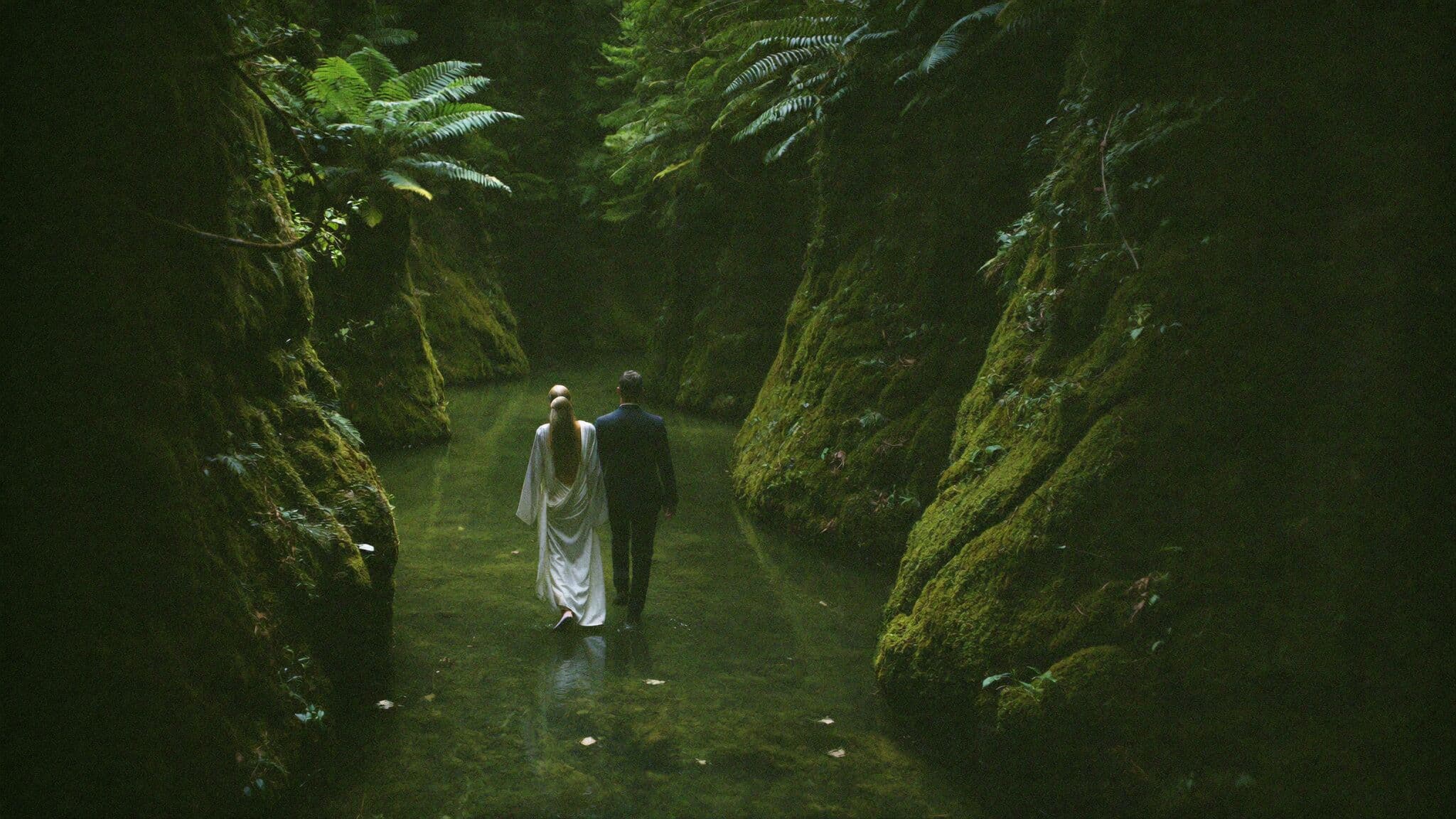 Newlyweds walking a levada path toward a waterfall in the Madeira laurel forest