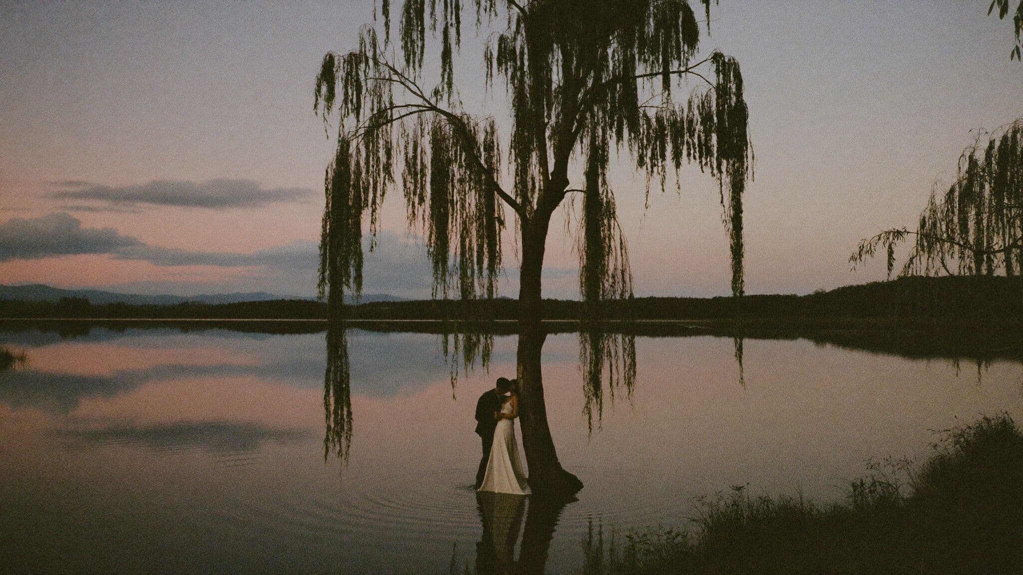 Couple embracing beside That Wanaka Tree at misty sunrise during their New Zealand elopement